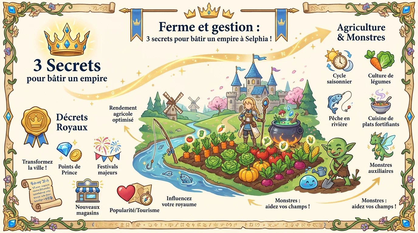 Infographie Rune Factory 4 Special : astuces pour gérer sa ferme et sa ville