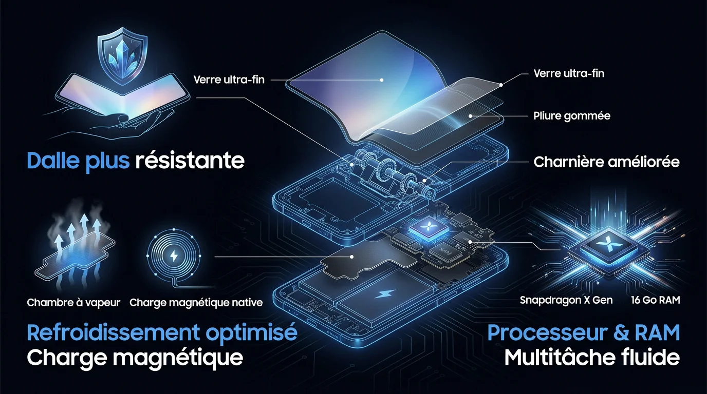 Infographie des améliorations techniques du Galaxy Z Fold 8 Wide incluant écran et processeur