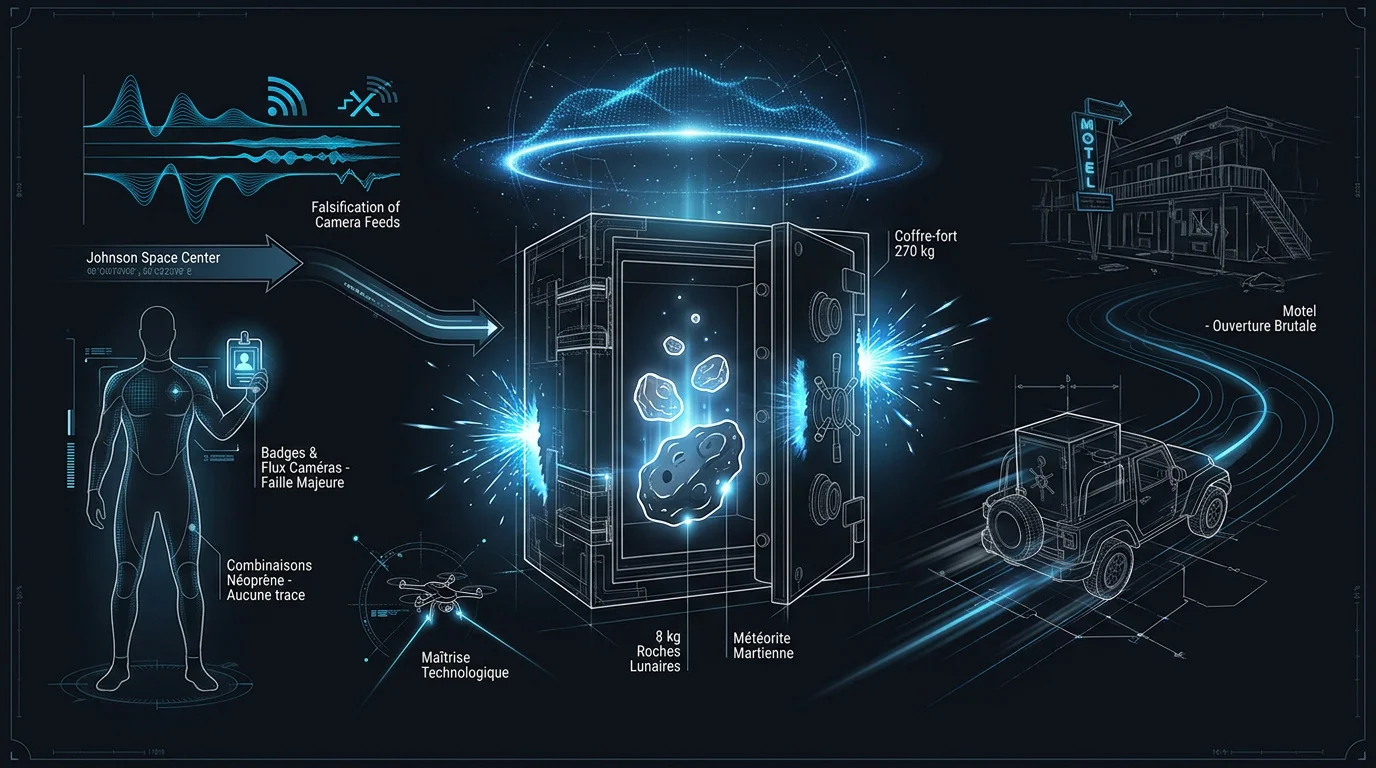 Infographie détaillant le vol des roches lunaires par Thad Roberts en 2002