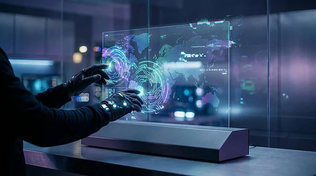 Contrôle futuriste : au cœur de l'innovation du jeu Mains gantées et futuristes manipulant une interface transparente affichant une carte du monde et des données numériques lumineuses.
