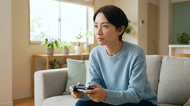 Femme jouant aux jeux vidéo chez elle Une femme d'une trentaine d'années assise sur un canapé, tenant une manette de console et jouant aux jeux vidéo.