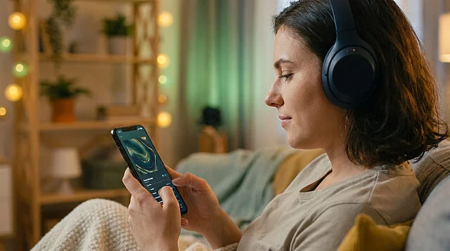 Écoute de l'OST Zelda sur Nintendo Music Une jeune femme avec un casque audio consulte son smartphone dans un salon chaleureux et tamisé.