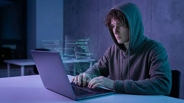 Surveillance ChatGPT : Le contrôle d'OpenAI Un jeune en sweat à capuche travaille sur un ordinateur portable dans une pièce sombre, avec des interfaces numériques holographiques flottant devant lui.