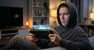 Un jeune homme en sweat à capuche regarde son écran de console portable avec une expression inquiète et surprise.