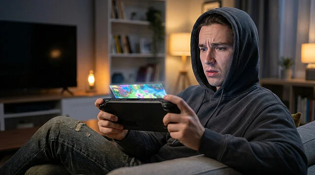 Joueur choqué par le prix de la Steam Deck Un jeune homme en sweat à capuche regarde son écran de console portable avec une expression inquiète et surprise.
