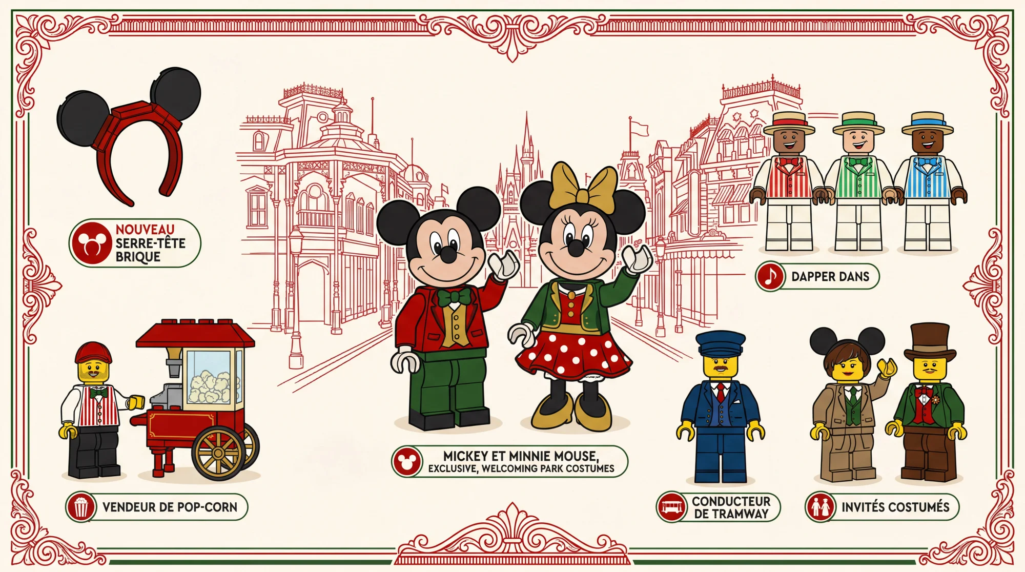 Minifigurines LEGO Disney Main Street avec accessoires et oreilles de Mickey