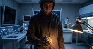 Un homme en blouse et casque examinant une pierre lunaire dans un laboratoire sombre.