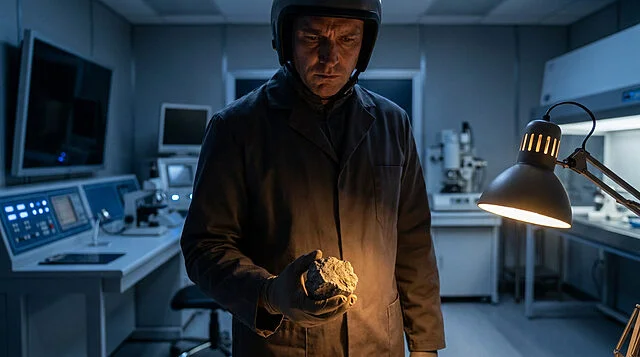 Le casse des roches lunaires Un homme en blouse et casque examinant une pierre lunaire dans un laboratoire sombre.