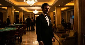 Un homme élégant en smoking noir dans un casino luxueux et faiblement éclairé, avec des tables de jeu en arrière-plan.