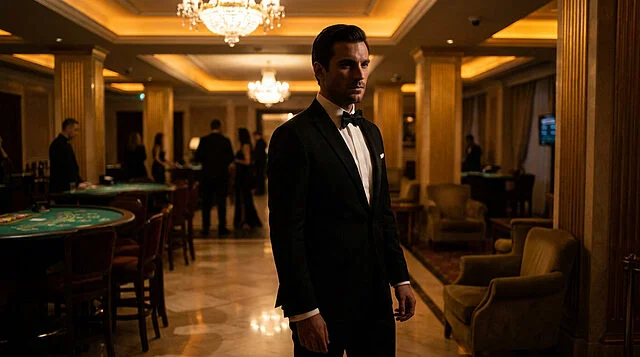 Un homme élégant en smoking noir dans un casino luxueux et faiblement éclairé, avec des tables de jeu en arrière-plan.