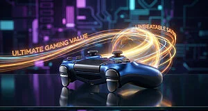 Manette de jeu bleue sur fond technologique avec des traînées lumineuses et le texte "Ultimate Gaming Value".
