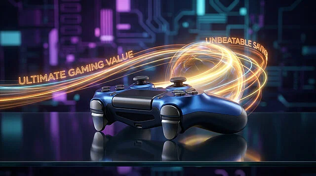 Manette de jeu bleue sur fond technologique avec des traînées lumineuses et le texte "Ultimate Gaming Value".