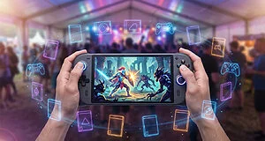 Mains tenant une console portable affichant un jeu Warhammer devant une foule, entourée d'icônes de jeu néon.