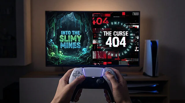 Une personne tenant une manette PS5 devant un téléviseur affichant les titres Into the Slimy Mines et The Curse 404.