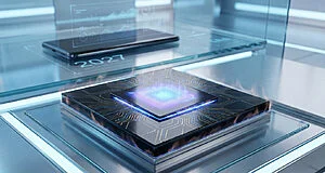Puce électronique futuriste lumineuse avec circuits, posée sur verre. Smartphone avec interface holographique et '2027' en fond.