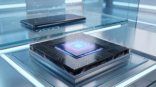 Puce électronique futuriste lumineuse avec circuits, posée sur verre. Smartphone avec interface holographique et '2027' en fond.