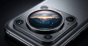 Dos de smartphone gris brossé avec module caméra. Le grand objectif central reflète un paysage montagneux au coucher du soleil, mentionne 200 MP.