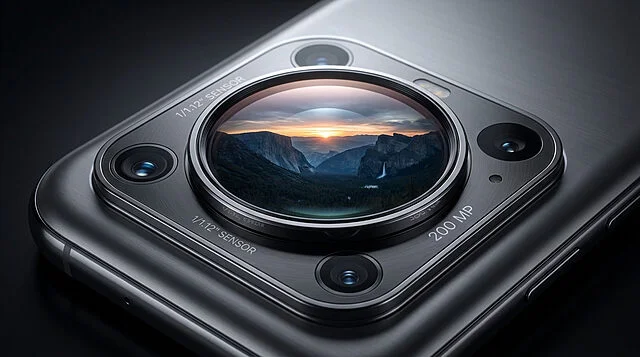 Capteur S27 Ultra : Révolution Optique Mobile Dos de smartphone gris brossé avec module caméra. Le grand objectif central reflète un paysage montagneux au coucher du soleil, mentionne 200 MP.