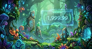 Un paysage fantastique et coloré avec des champignons bioluminescents et un encadré numérique affichant 1 999,99.