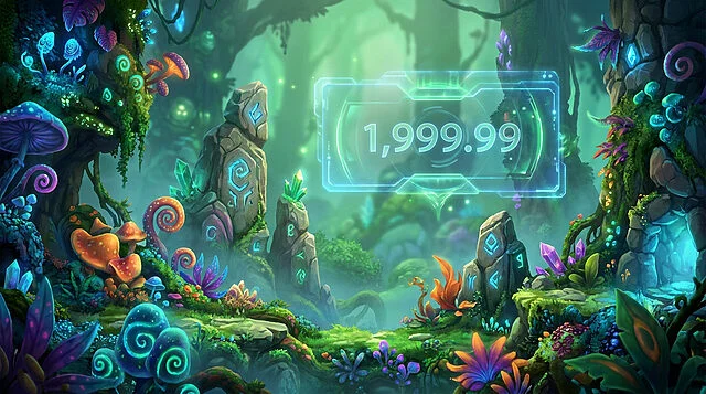 Fuite Rayman Origins : erreur de prix Xbox Store Un paysage fantastique et coloré avec des champignons bioluminescents et un encadré numérique affichant 1 999,99.