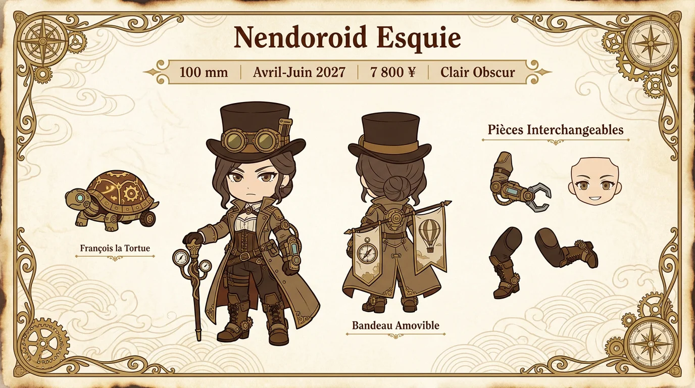 Infographie de la figurine Nendoroid Esquie style Belle Époque et steampunk