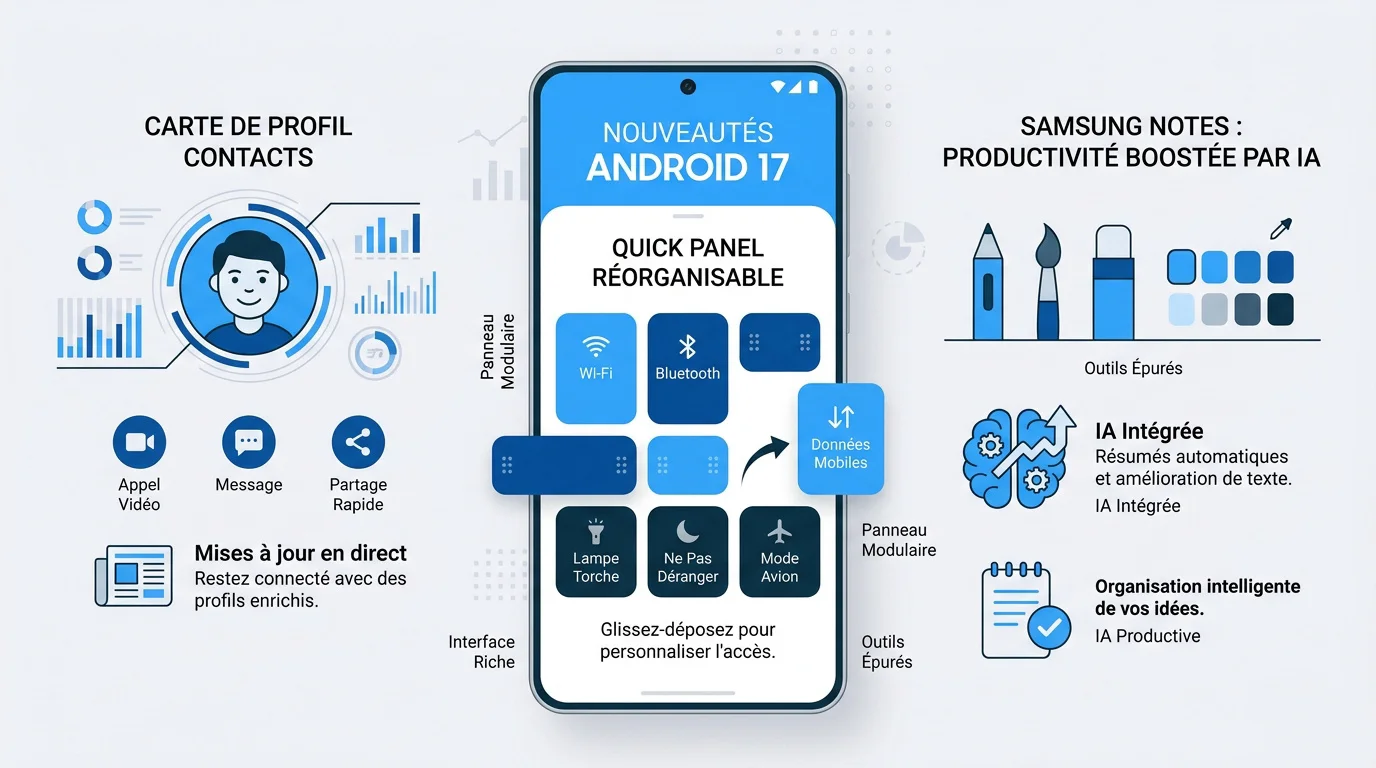 Interface One UI 9 montrant les outils créatifs de Samsung Notes et le nouveau Quick Panel sur Galaxy S26