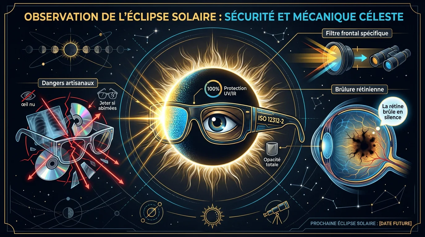 Personne observant une éclipse solaire avec des lunettes de protection certifiées