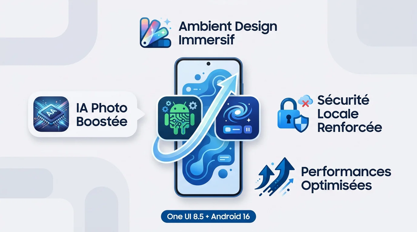Interface One UI 8.5 sur un smartphone Samsung Galaxy avec effets Ambient Design