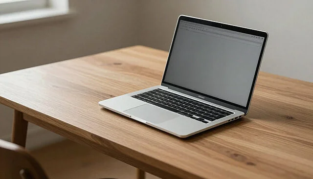 MacBook sur table en bois Ordinateur portable argenté posé sur une table en bois clair, l'écran est éteint. Ambiance de travail minimaliste.