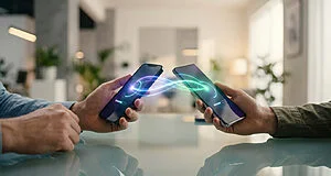 Deux mains tiennent des smartphones connectés par un flux de lumière numérique symbolisant un transfert de données.