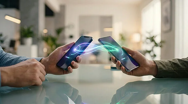 Deux mains tiennent des smartphones connectés par un flux de lumière numérique symbolisant un transfert de données.