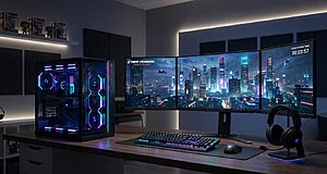 Setup gaming haut de gamme avec trois écrans affichant une ville futuriste et un boîtier PC illuminé par des LED RGB.