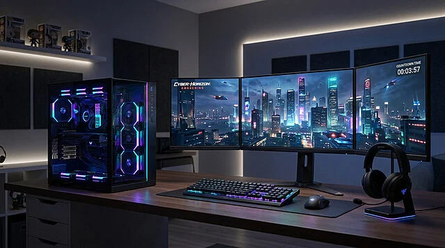 Pourquoi GTA 6 prendra du temps à arriver sur PC Setup gaming haut de gamme avec trois écrans affichant une ville futuriste et un boîtier PC illuminé par des LED RGB.