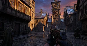 Vue FPS dans Bourg-Clocher, avec un joueur tenant un pistolet moderne. Lumière dramatique sur la ville médiévale et sa tour horloge.