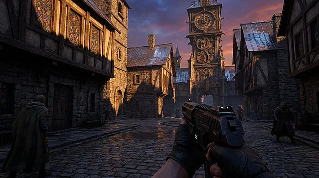 Vue FPS dans Bourg-Clocher, avec un joueur tenant un pistolet moderne. Lumière dramatique sur la ville médiévale et sa tour horloge.