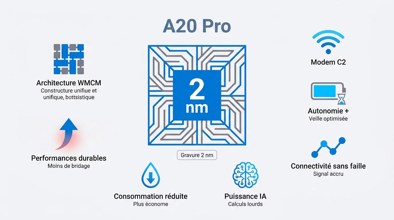 Puce Apple A20 Pro gravée en 2 nm offrant des performances et une efficacité énergétique accrues