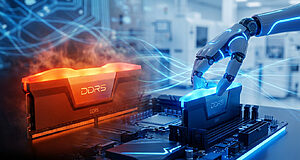 Une main robotique installe une barrette de mémoire DDR5 sur une carte mère haute technologie.