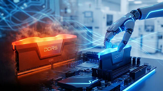 Une main robotique installe une barrette de mémoire DDR5 sur une carte mère haute technologie.