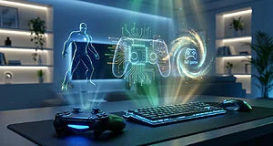 Hologrammes de manette et Iron Man projetés sur un bureau de jeu avec clavier et manette physique.
