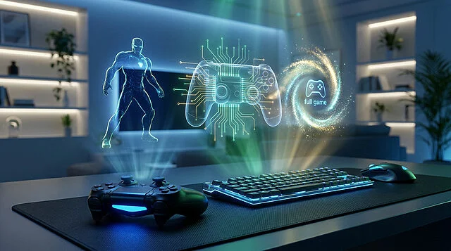 007 First Light : Obtenez vos récompenses gratuites Hologrammes de manette et Iron Man projetés sur un bureau de jeu avec clavier et manette physique.