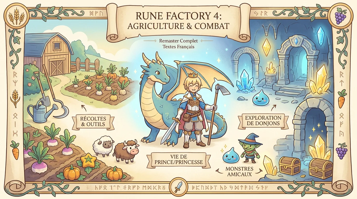Infographie présentant l'agriculture et le combat dans Rune Factory 4 Special