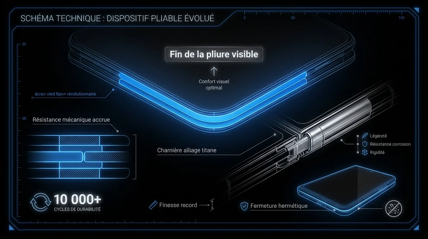 Schéma technique de la charnière en titane et de la structure modulaire de l'iPhone pliable