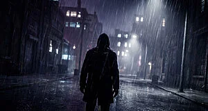 Silhouette d'un homme à capuche sous une pluie battante dans une ruelle urbaine sombre et éclairée par des réverbères.