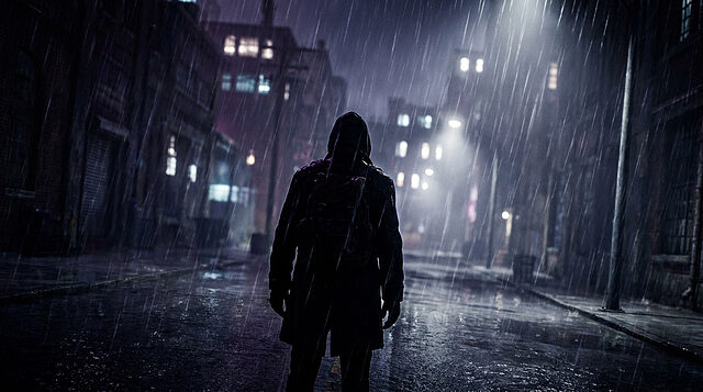 Le retour de Frank Castle : Punisher en 2026 Silhouette d'un homme à capuche sous une pluie battante dans une ruelle urbaine sombre et éclairée par des réverbères.