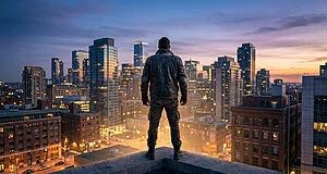 Un homme en veste en cuir debout sur le toit d'un gratte-ciel surplombant une ville au coucher du soleil.