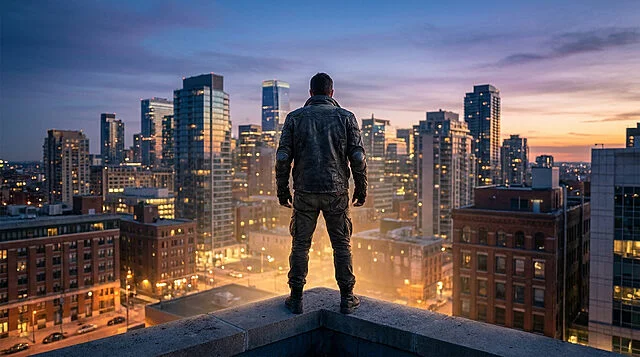 The Punisher : Le retour de Frank Castle Un homme en veste en cuir debout sur le toit d'un gratte-ciel surplombant une ville au coucher du soleil.