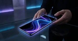 Une personne tient un smartphone futuriste avec un écran lumineux affichant des vagues lumineuses bleues et violettes.