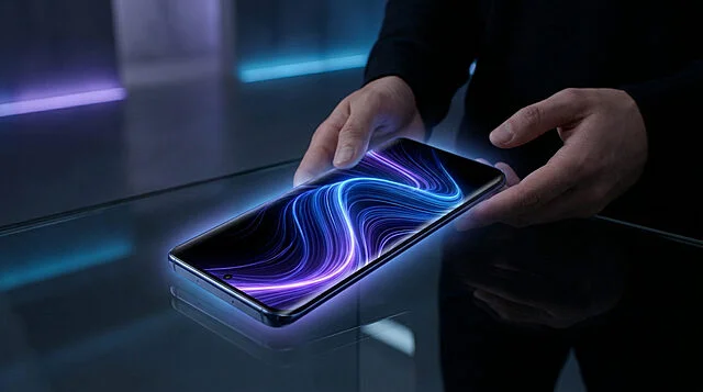 Une personne tient un smartphone futuriste avec un écran lumineux affichant des vagues lumineuses bleues et violettes.