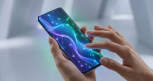 Une personne manipule un smartphone Samsung avec une interface futuriste aux ondes lumineuses bleues, vertes et violettes.