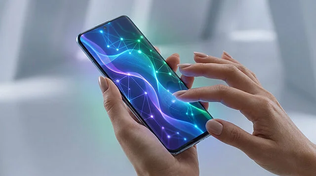 Une personne manipule un smartphone Samsung avec une interface futuriste aux ondes lumineuses bleues, vertes et violettes.